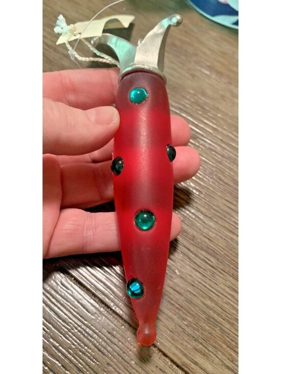 John Toole Ornament Handmade Glass Red Frosted Glass Green Rhinestones NEW w Tag - Picture 1 of 10